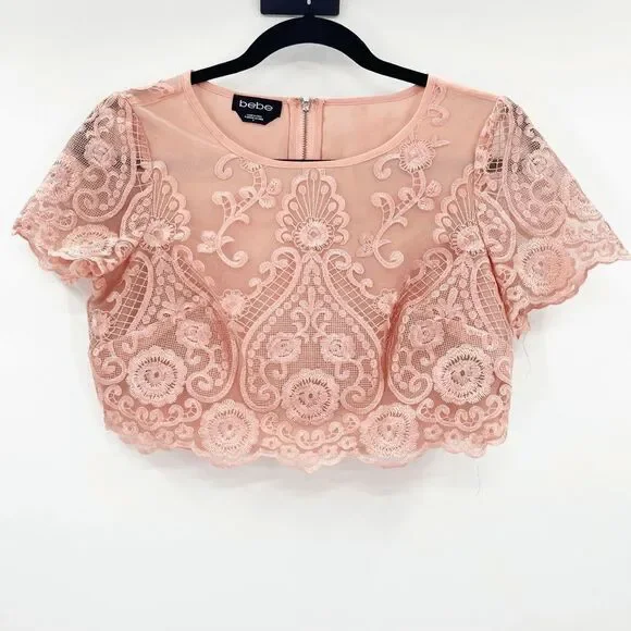 Bebe Orange Lace Scallop Hem Crop Top Women's Size 0‎ - Picture 2 of 5
